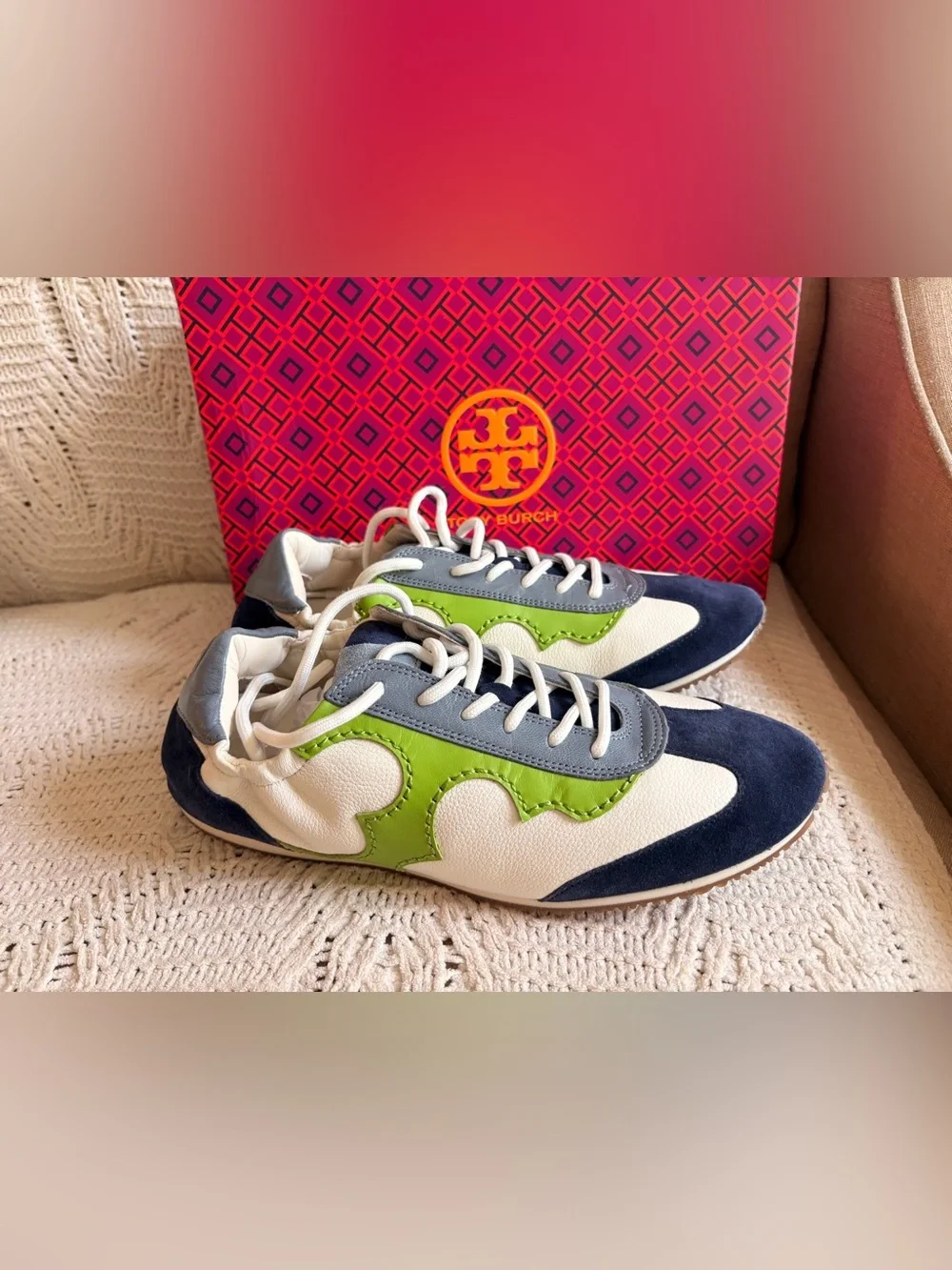 Tory Burch Navy, White & Green Leather Sneakers